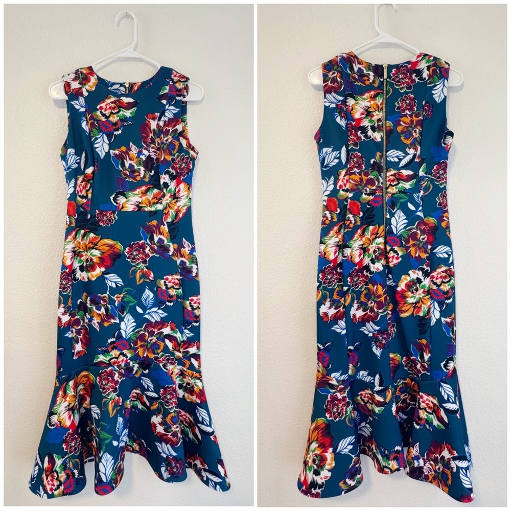Calvin Klein Floral Midi Scuba Dress in Blue Size 4